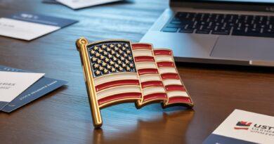 A gleaming gold custom pin shaped like a stylized American flag.