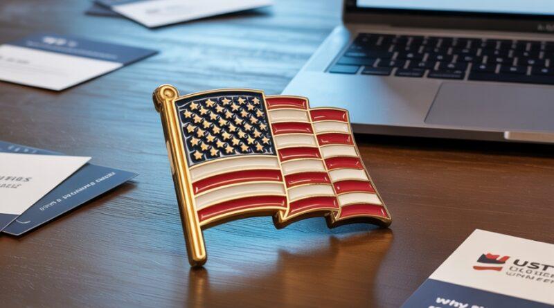 A gleaming gold custom pin shaped like a stylized American flag.