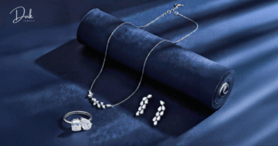 Diamond jewelry set with necklace, earrings, and ring displayed by Dvik Jewels]