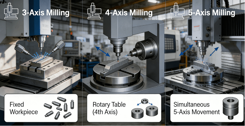 Infographic comparing the workpiece setup and machining capabilities of 3-axis, 4-axis, and 5-axis CNC milling machines for complex parts.