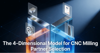 A conceptual 3D visualization of the 4-dimensional model for selecting a CNC milling service partner, highlighting material, capability, certification, and precision.