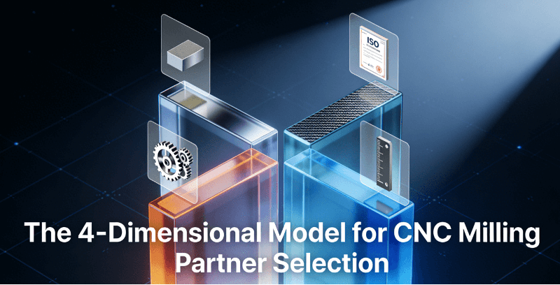 A conceptual 3D visualization of the 4-dimensional model for selecting a CNC milling service partner, highlighting material, capability, certification, and precision.