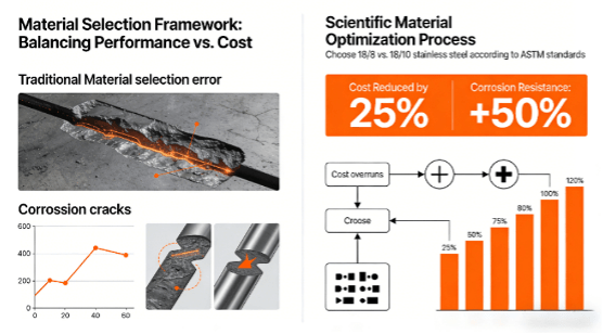 Technical diagram comparing traditional material selection errors versus scientific optimization for stainless steel grades like 18/8 and 18/10, highlighting cost reduction and performance enhancement.