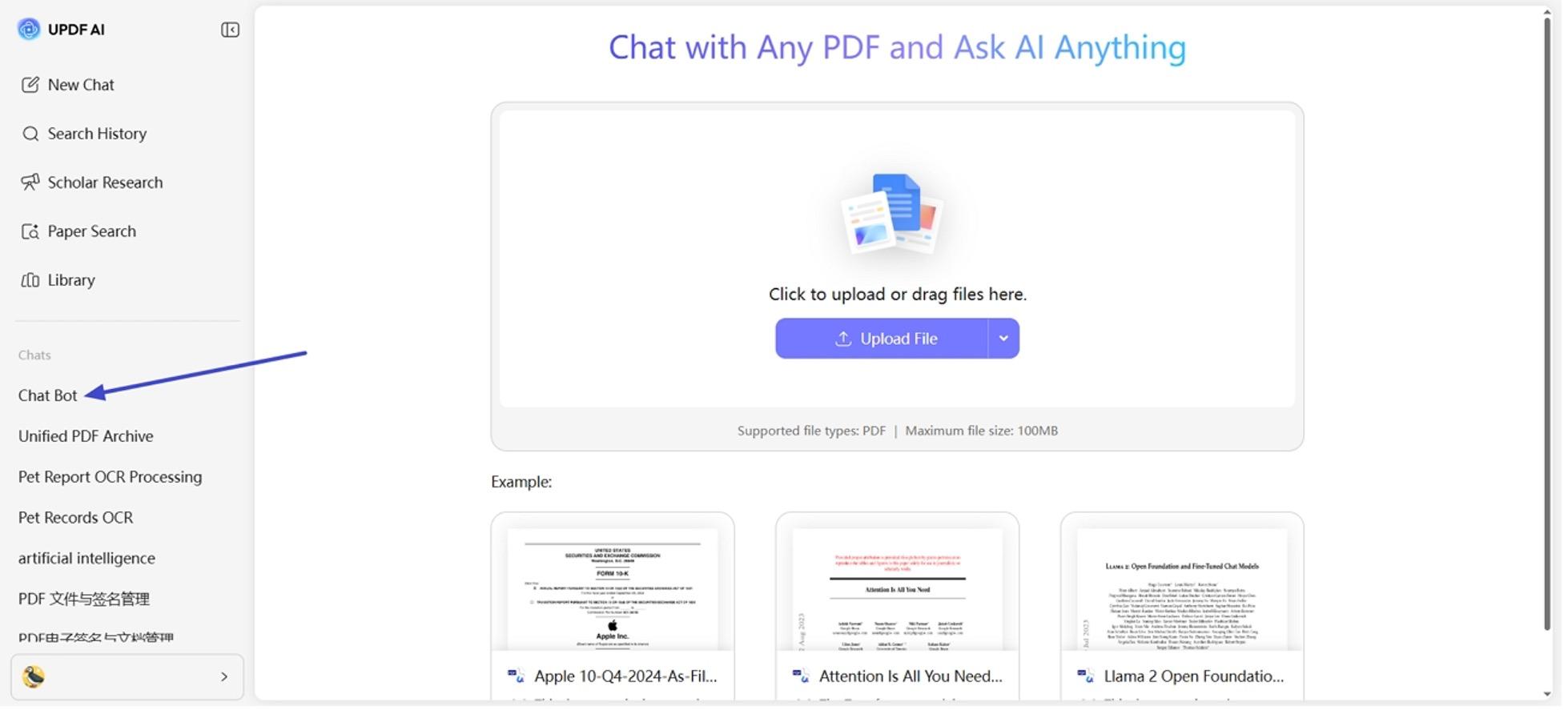 updf online chat bot feature