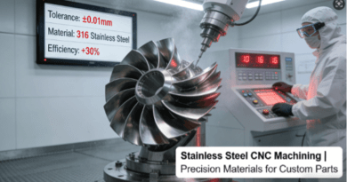 Stainless steel CNC machining center processing precision components in a high-tech facility, showcasing real-time monitoring of tolerances and material efficiency for custom parts manufacturing.