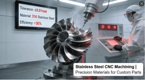 Stainless steel CNC machining center processing precision components in a high-tech facility, showcasing real-time monitoring of tolerances and material efficiency for custom parts manufacturing.