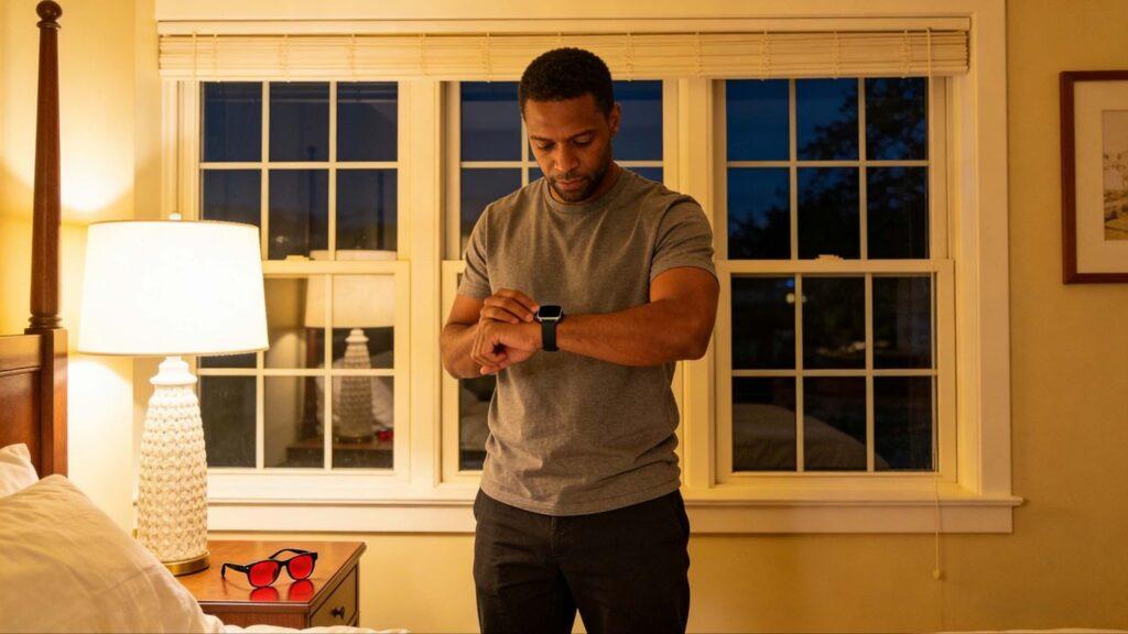 1. A man checking his Apple Watch, with gloojo Night Ease™ Sleep Glasses on the nightstand
