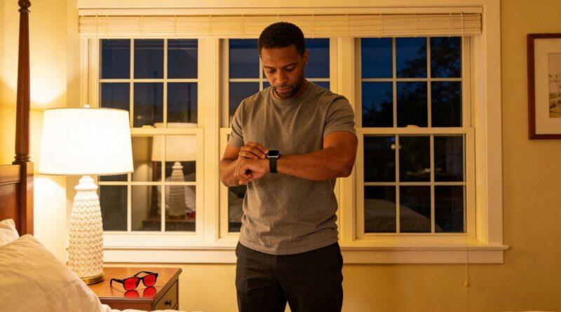 1. A man checking his Apple Watch, with gloojo Night Ease™ Sleep Glasses on the nightstand