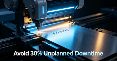 A robotic arm performing high-precision bending on a sheet metal part with a tolerance of ±0.1mm, representing advanced manufacturing in a futuristic industrial setting.