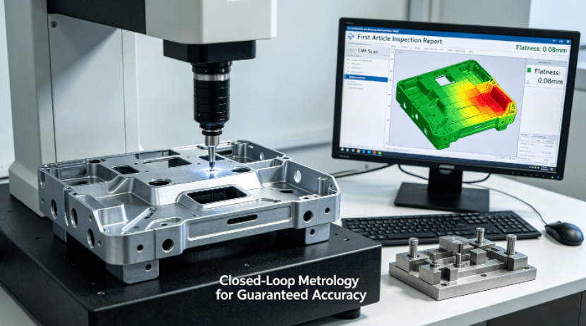 Close-up of a Coordinate Measuring Machine (CMM) probe inspecting a complex sheet metal component, with a computer screen showing a color-coded deviation map for dimensional verification.