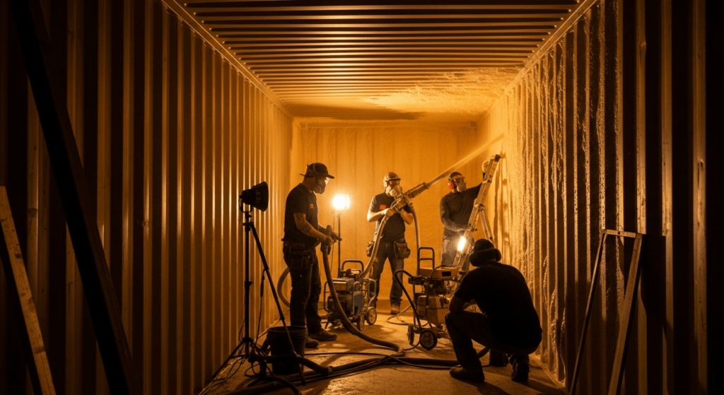 Insulation being installed inside a shipping container conversion