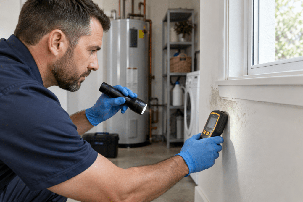 Professional residential mold inspection using a moisture meter
