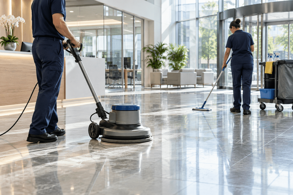 Professional commercial cleaners maintaining a modern office lobby