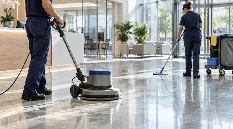 Professional commercial cleaners maintaining a modern office lobby
