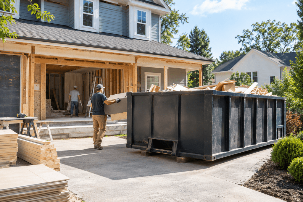 Construction dumpster rental at an organized renovation site