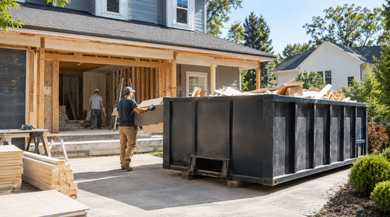 Construction dumpster rental at an organized renovation site