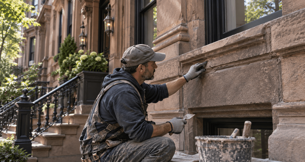 Professional restoring exterior masonry on a New York brownstone