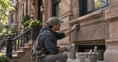 Professional restoring exterior masonry on a New York brownstone