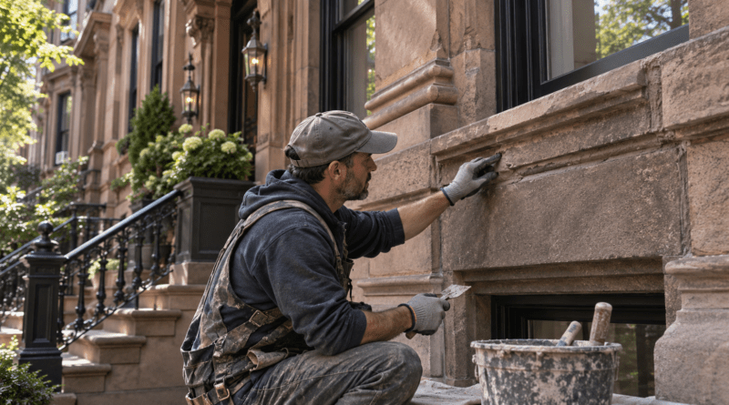 Professional restoring exterior masonry on a New York brownstone