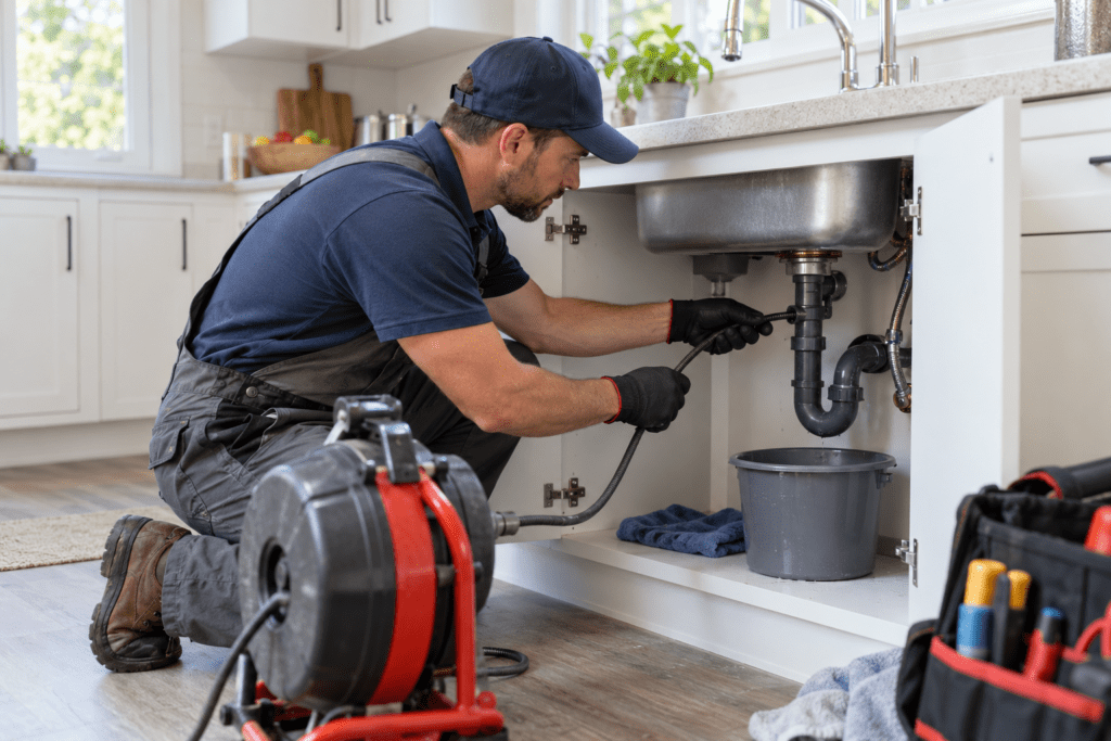 Professional plumber performing clogged drain cleaning