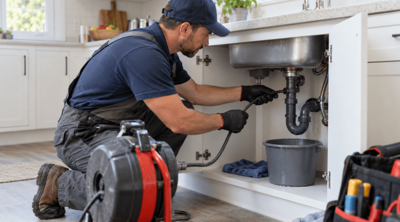 Professional plumber performing clogged drain cleaning