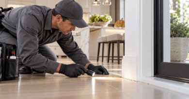 Pest-control professional inspecting a home for ants