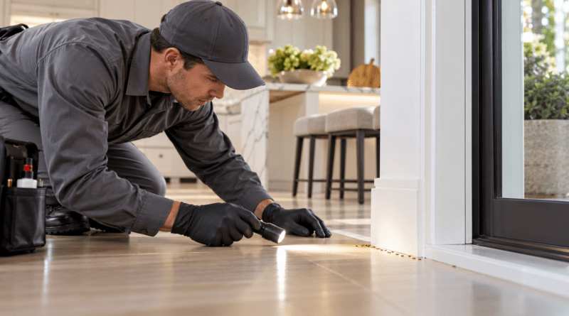 Pest-control professional inspecting a home for ants