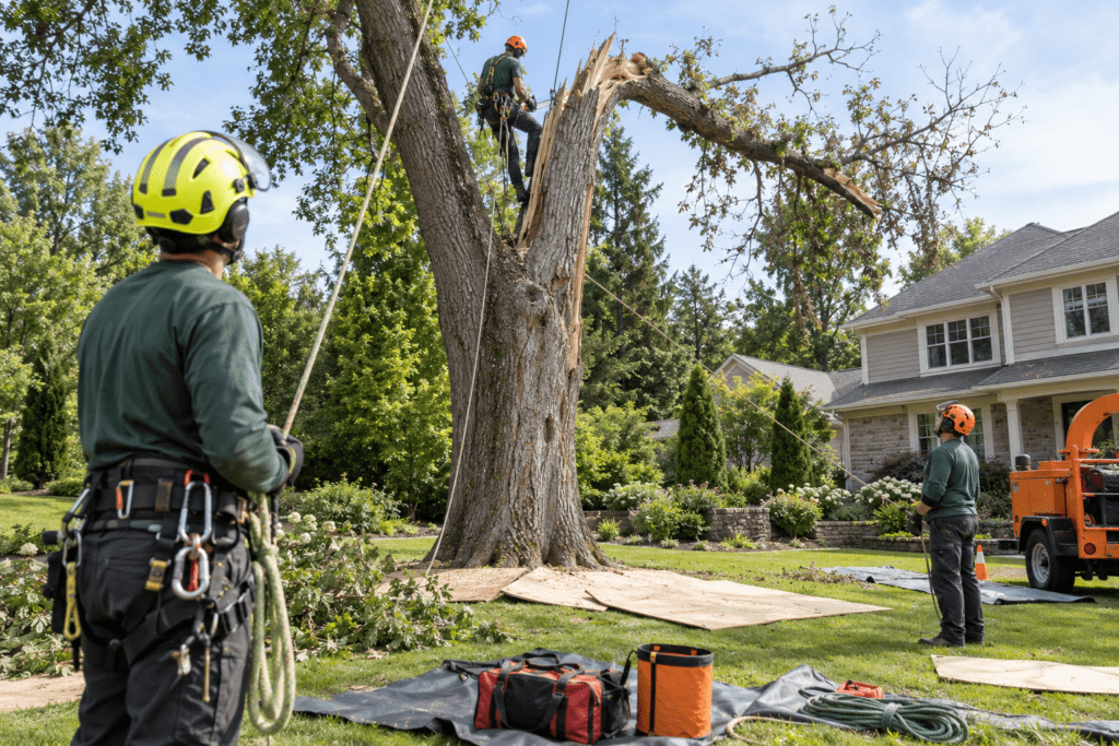 Professional tree removal team preparing a residential work zone
