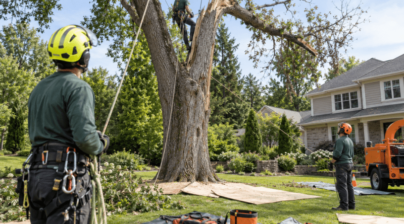 Professional tree removal team preparing a residential work zone