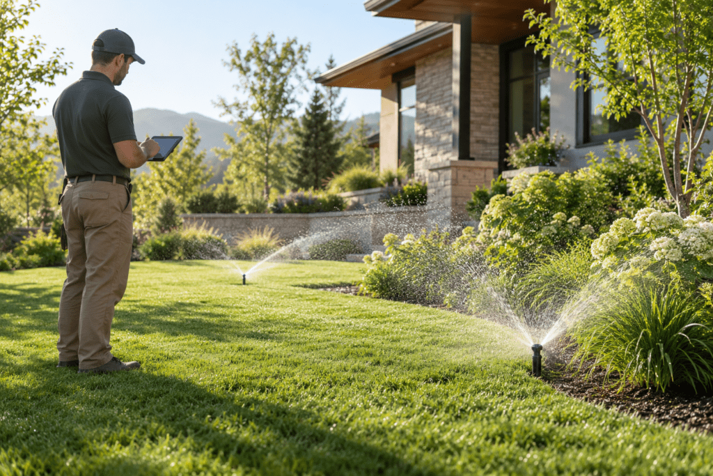 Irrigation company technician checking smart sprinklers