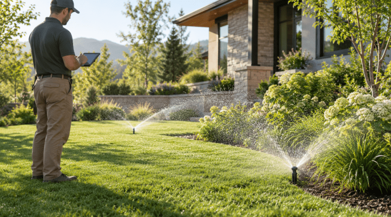 Irrigation company technician checking smart sprinklers
