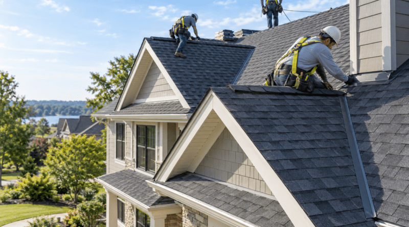 Professional roofing company installing architectural shingles