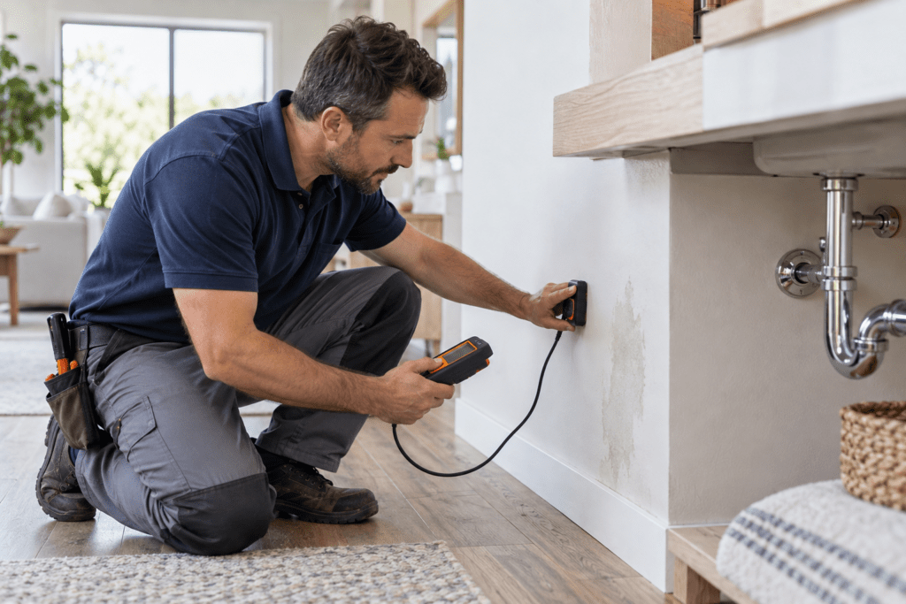 Professional technician performing leak detection and repairs