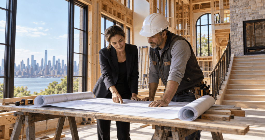 Architect and builder reviewing plans at a construction site