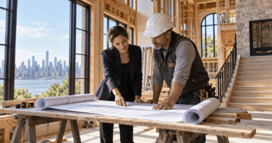 Architect and builder reviewing plans at a construction site