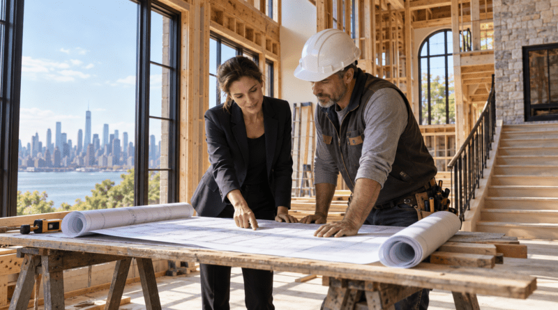 Architect and builder reviewing plans at a construction site