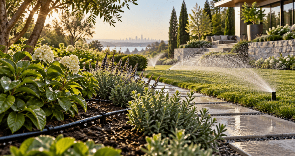 Efficient irrigation system watering a healthy landscaped garden