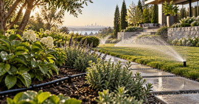Efficient irrigation system watering a healthy landscaped garden