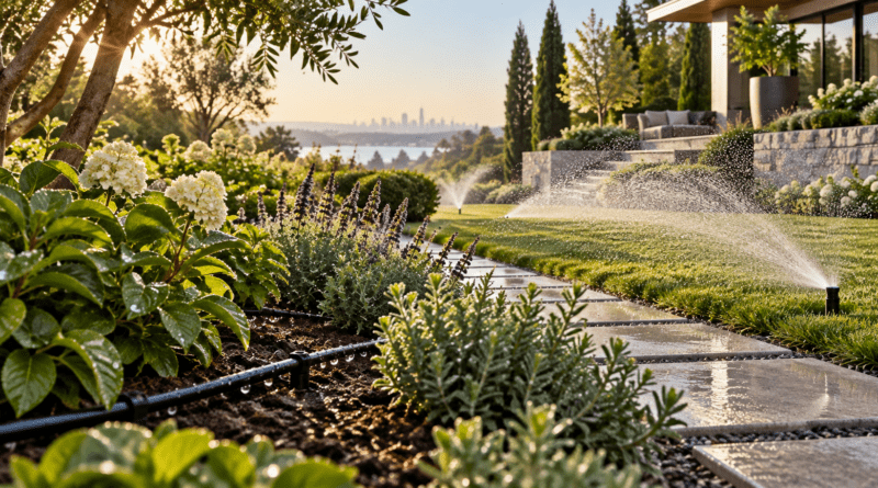Efficient irrigation system watering a healthy landscaped garden