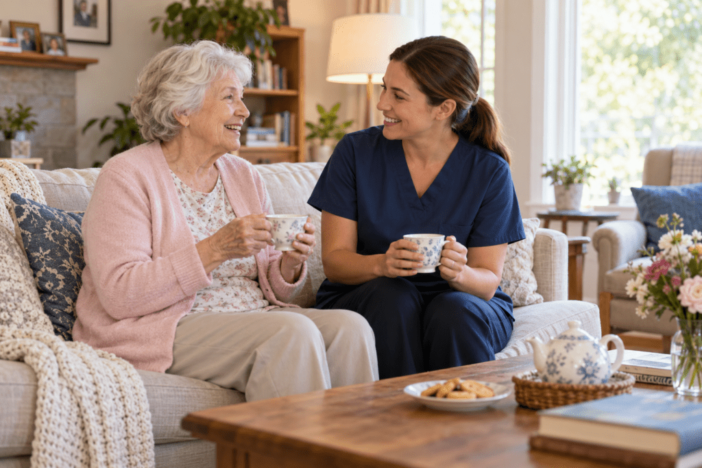 Companion caregiver sharing conversation and tea with a senior