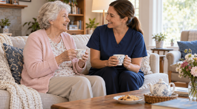 Companion caregiver sharing conversation and tea with a senior