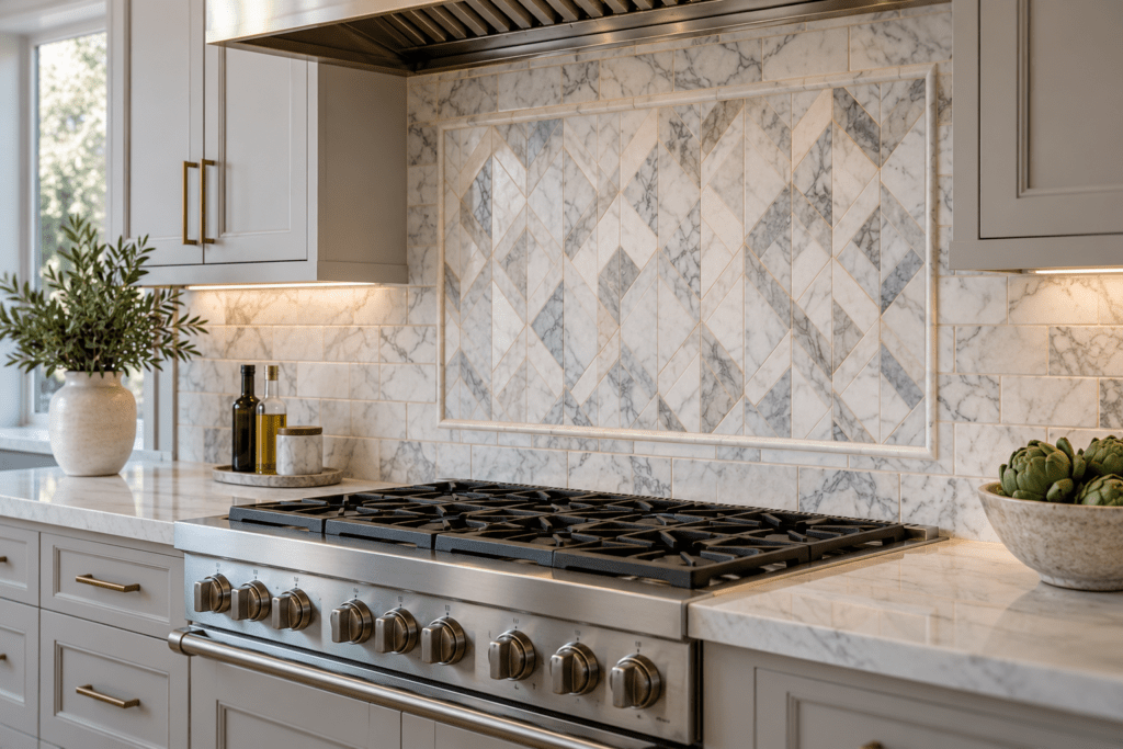 Custom marble and tile backsplash in a modern kitchen