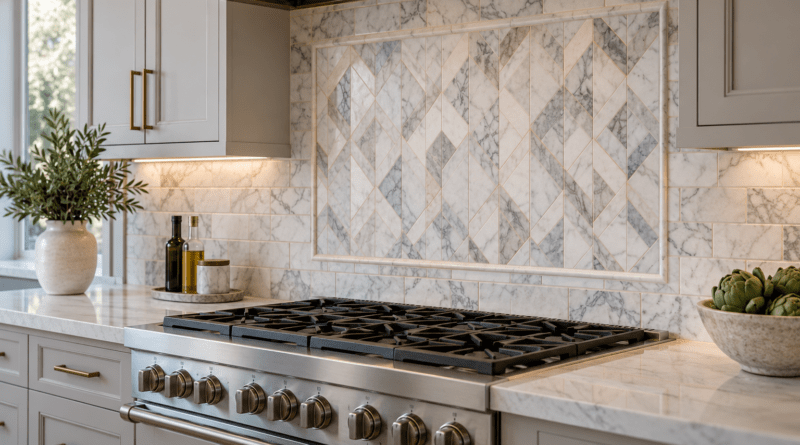 Custom marble and tile backsplash in a modern kitchen