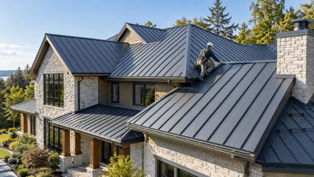Professional inspecting a standing-seam metal roof