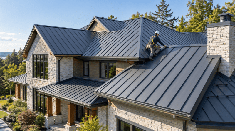 Professional inspecting a standing-seam metal roof