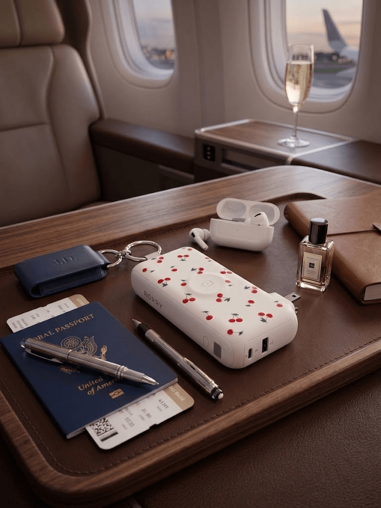 Essential travel gadgets including a portable charger, power bank, phone and travel accessories