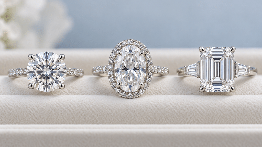 Round, oval, and emerald-cut engagement ring examples.