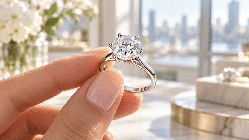 Close-up of a brilliant engagement ring held in a bright jewelry studio.